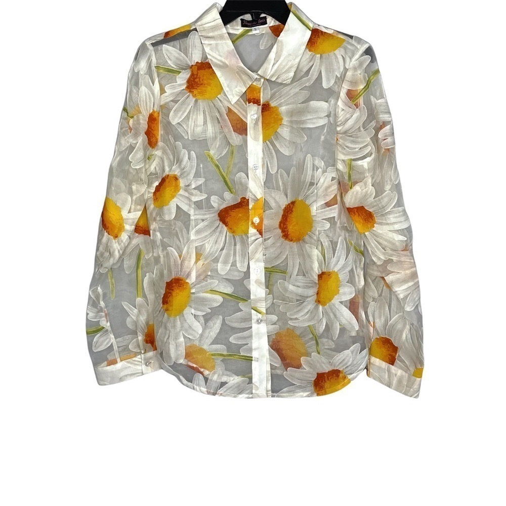 Fleur De Paris White Floral Pattern Sheer Button Down Shirt Size Small
